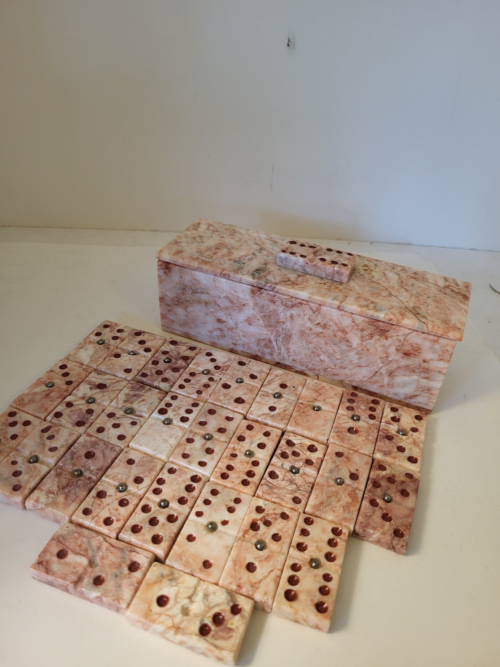 Vintage Marble Pink Double-Six Domino Set with Matching Storage Box
